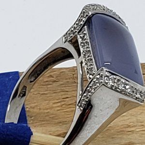 Vintage 14K white gold ring with lavender blue stone surrounded by diamonds